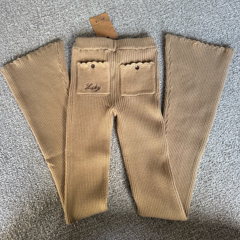 Frankie's Bikinis Ribbed Flare Pants in Camel Tan